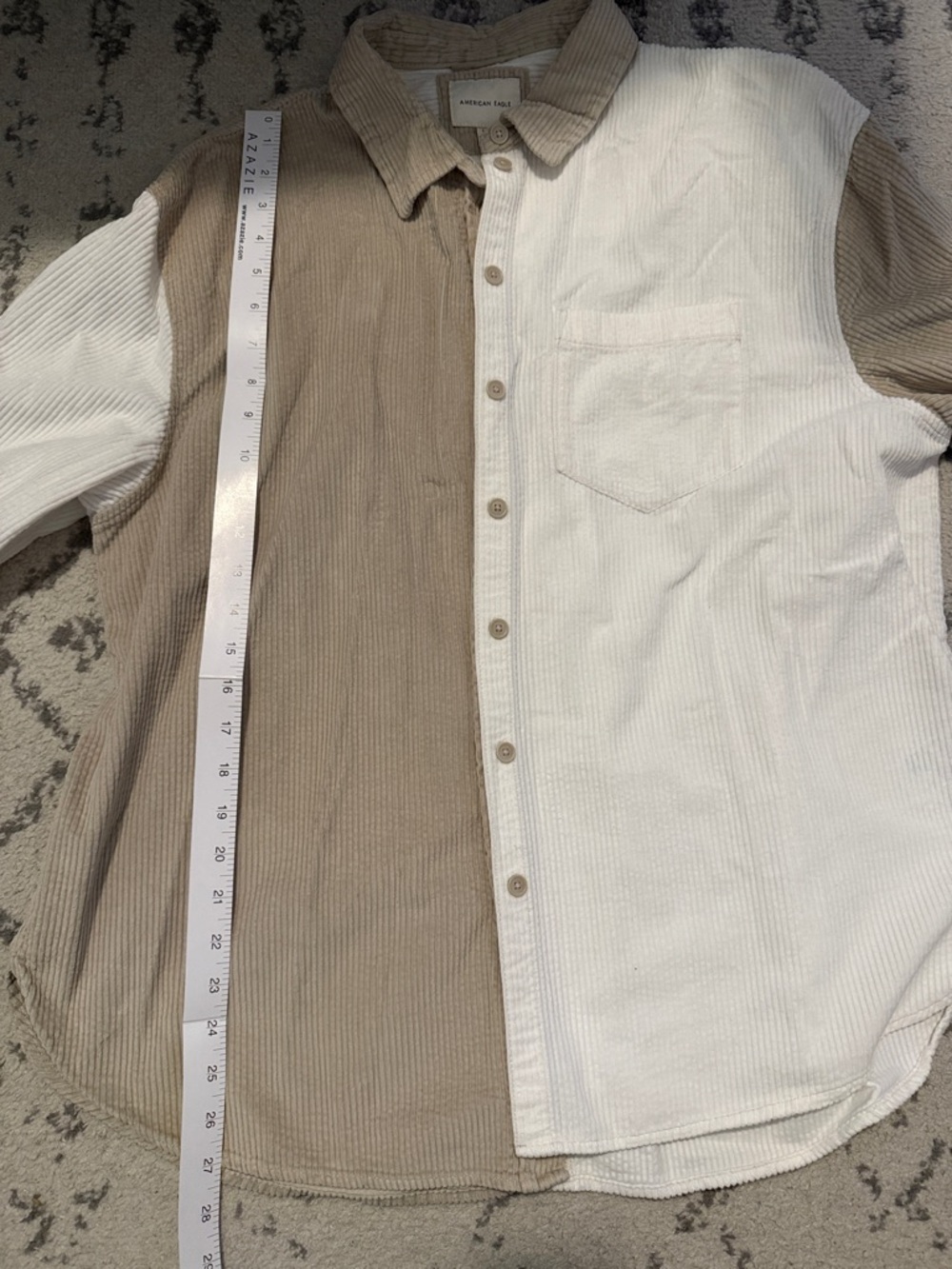 American Eagle Two-Tone Corduroy Button-Up Shirt in Beige and White - Picture 4 of 5